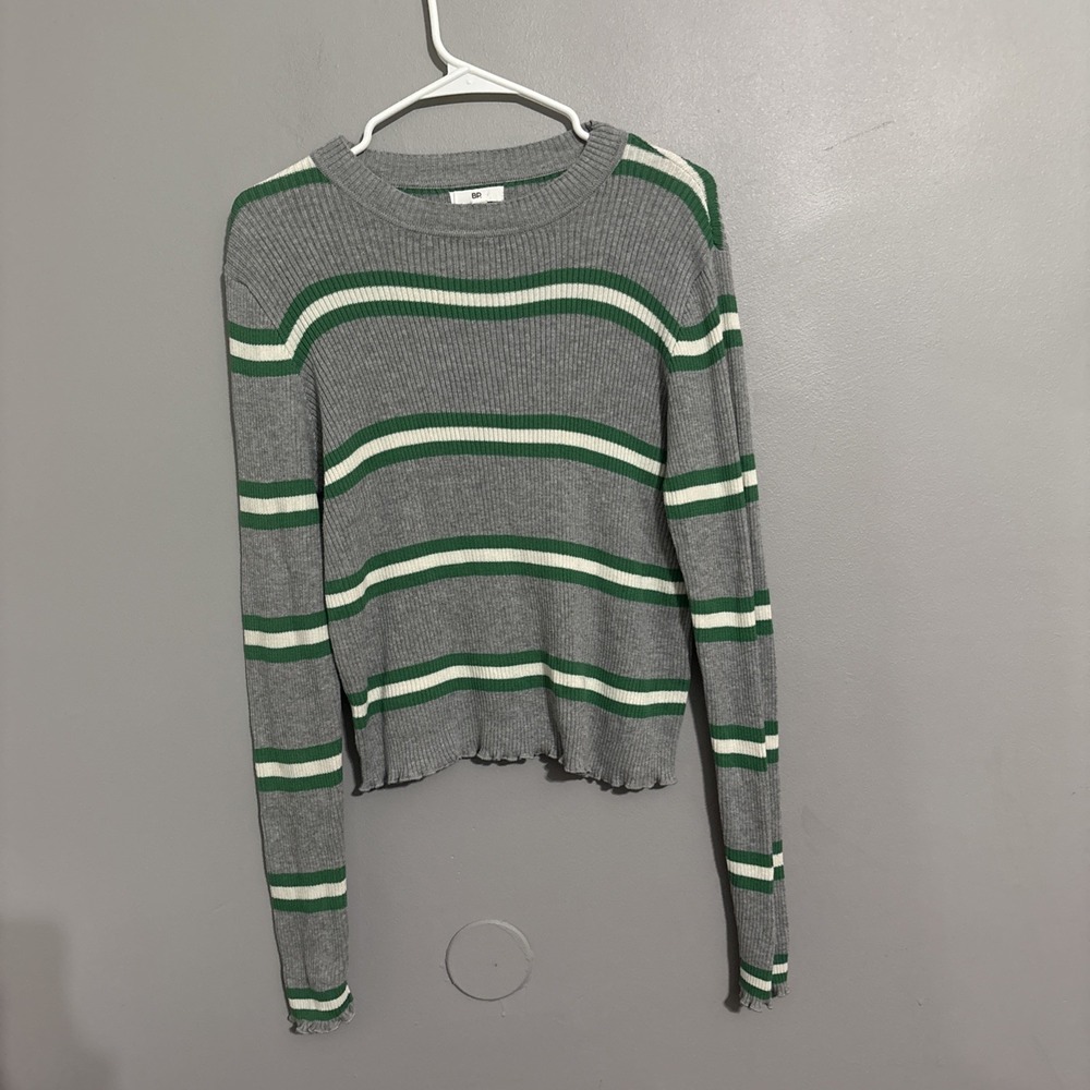 BP Women's Striped Green Gray‎ Long Sleeve Lettuce Edge Hem Sweater Size Large